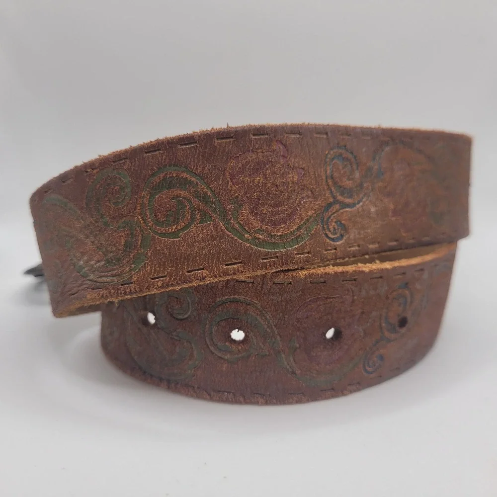 Brown Leather Belt Small Floral Tooled Distressed Western Boho Cowgirl Artisan